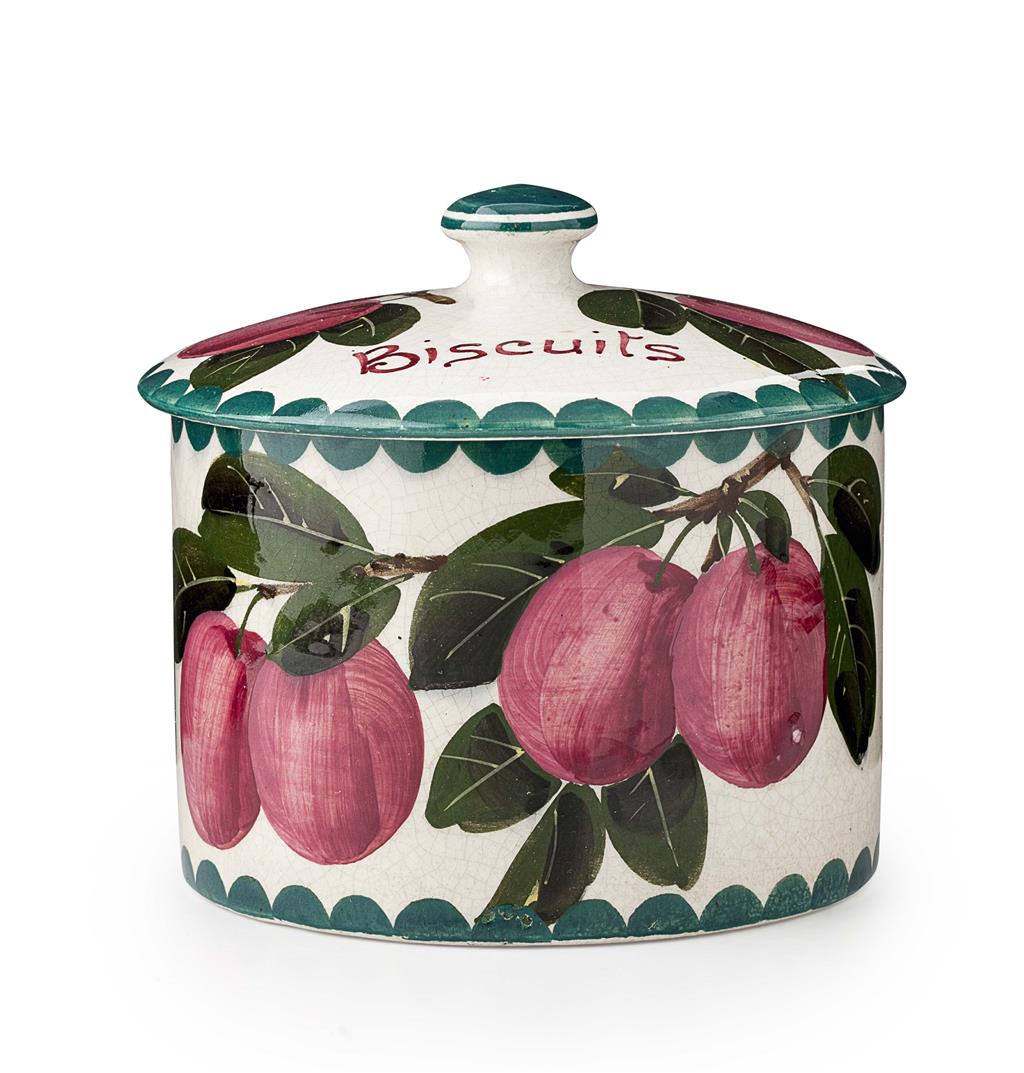 Appraisal: WEMYSS WARE A 'RED PLUMS' BISCUIT BARREL COVER EARLY TH