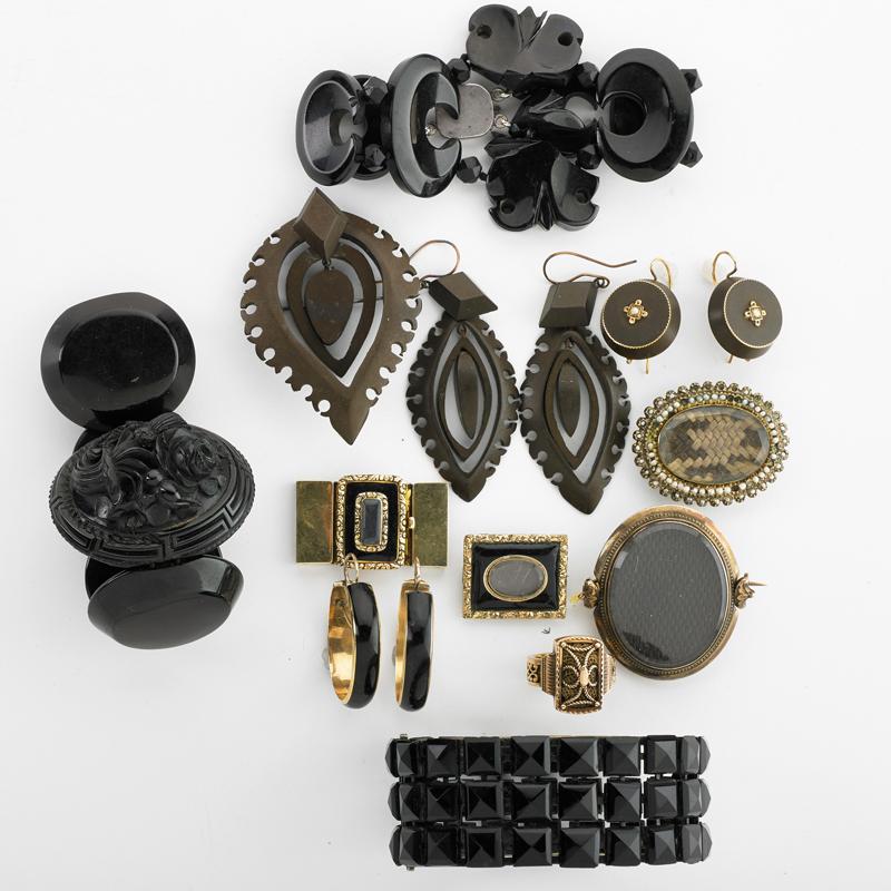 Appraisal: COLLECTION OF VICTORIAN MOURNING JEWELRY Fifteen pieces include Bracelets earrings