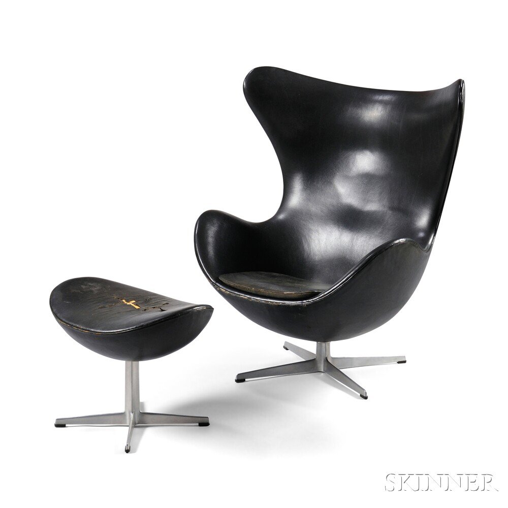 Appraisal: Arne Jacobsen - Egg Chair with Ottoman Naugahyde aluminum Denmark