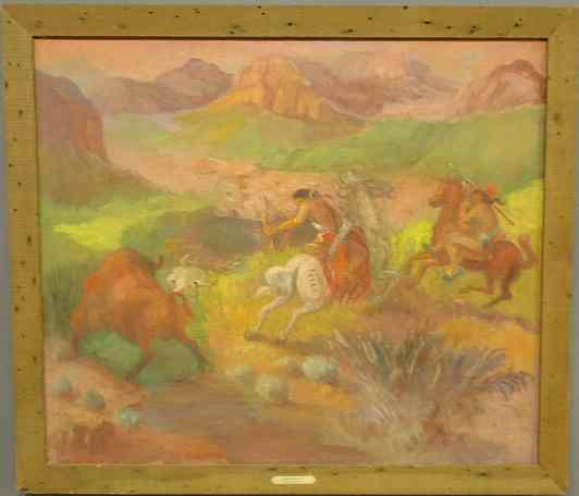 Appraisal: Oil on canvas painting of Native American Indians on horseback