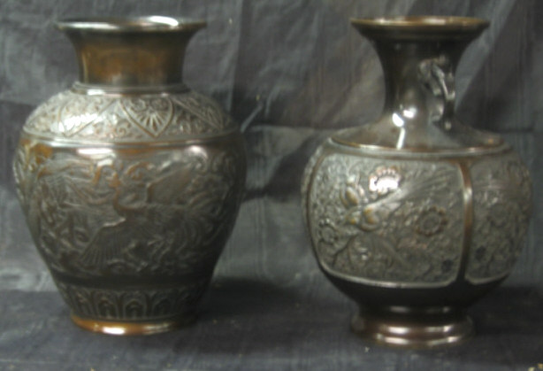 Appraisal: TWO CAST BRONZE JAPANESE VASES Each bluster with raised crane