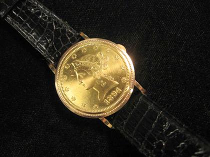 Appraisal: Gentleman's Piaget yellow gold coin wristwatch U S ten dollar