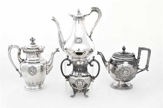 Appraisal: American Medallion pattern silverplate coffeepots circa comprising Gorham pot H