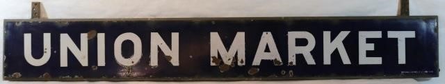 Appraisal: RAILROAD BLUE AND WHITE PORCELAIN STATION SIGNFOR UNION MARKET BY