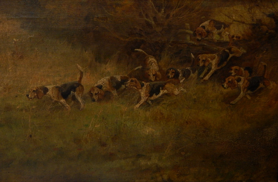 Appraisal: Webster thC Hounds on the hedge oil on canvas indistinctly