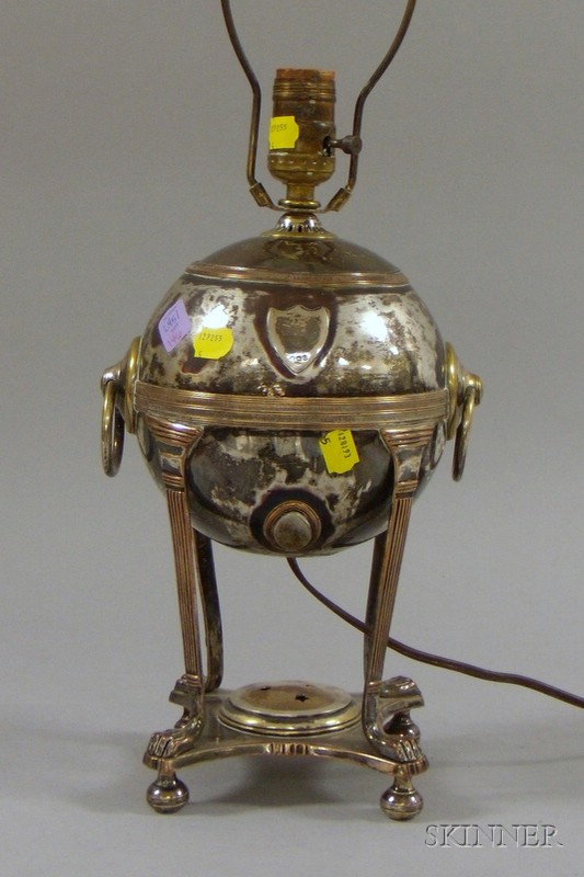 Appraisal: Silver Plated Hot Water Kettle Lamp Base medallion shield and