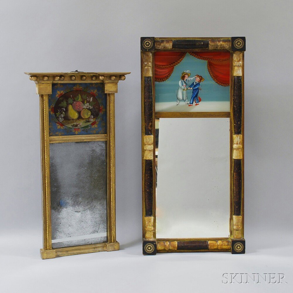 Appraisal: Two Reverse-painted Mirrors one with molded overhanging cornice and gilt