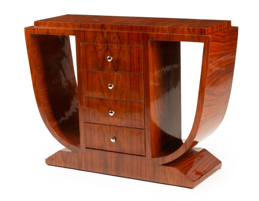 Appraisal: Art Deco-Style Tropical Hardwood Console floating plinth top four drawers