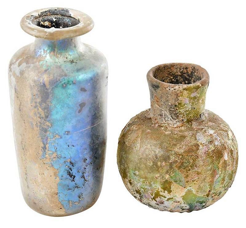 Appraisal: Two Small and Iridescent Roman Glass Bottles possibly second to