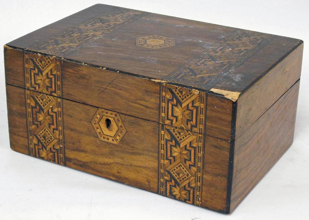 Appraisal: Victorian rosewood parquetry inlaid rectangular workbox wide a f