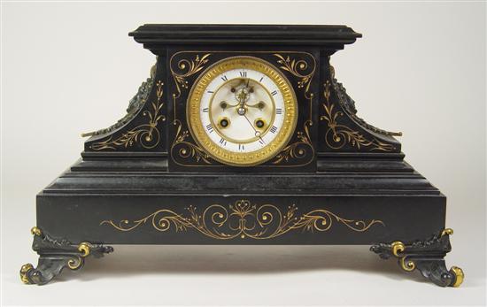 Appraisal: Black Slate French Mantle Clock With bronze and porcelain face