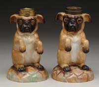 Appraisal: TWO PORCELAIN FIGURAL MINI LAMPS Unlisted Bulldogs decorated in shades