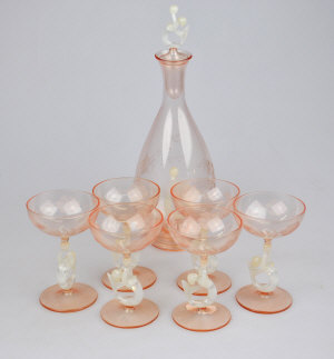 Appraisal: A Venetian peach etched glass liqueur decanter and six matching