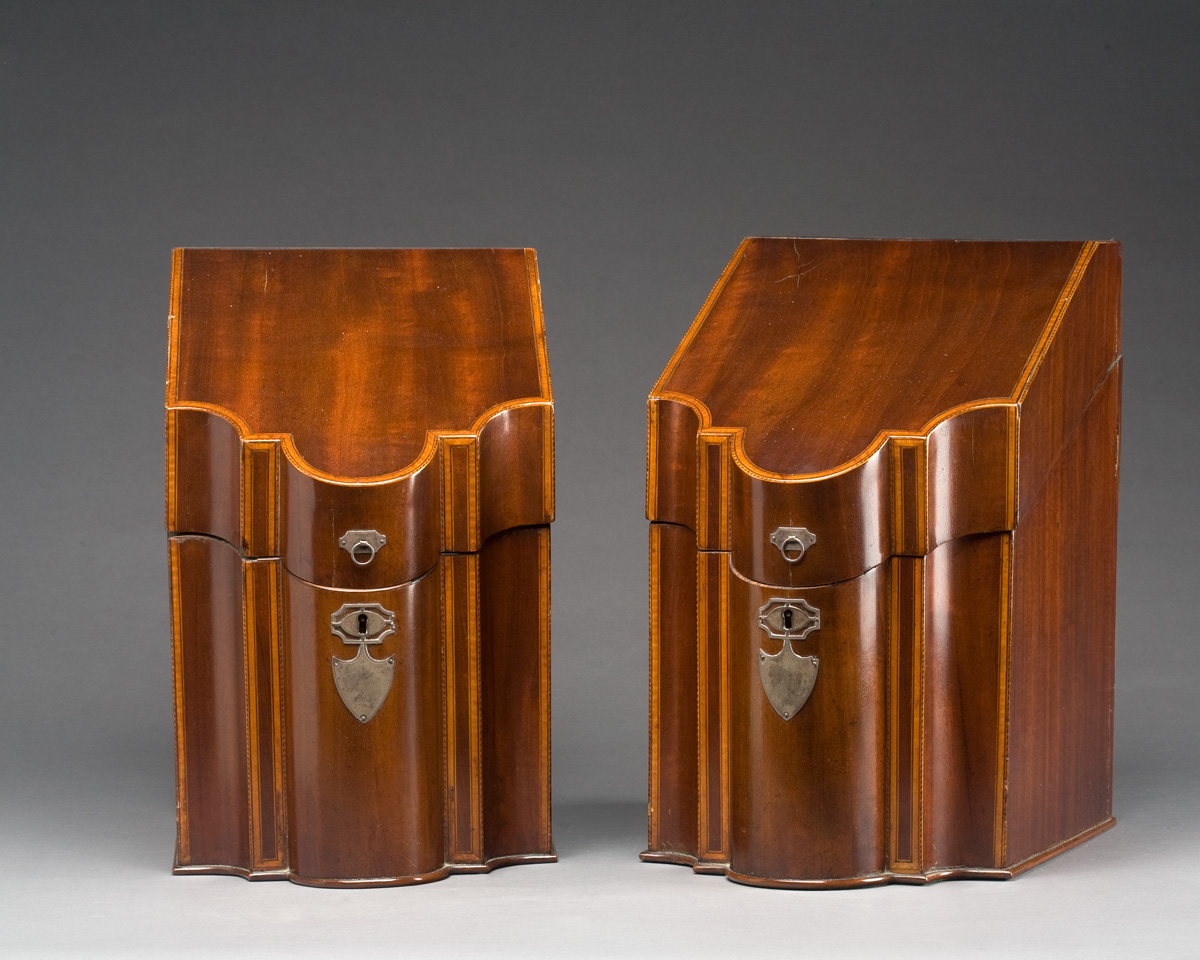 Appraisal: PAIR OF GEORGE III SATINWOOD-INLAID MAHOGANY KNIFE BOXES CONVERTED TO