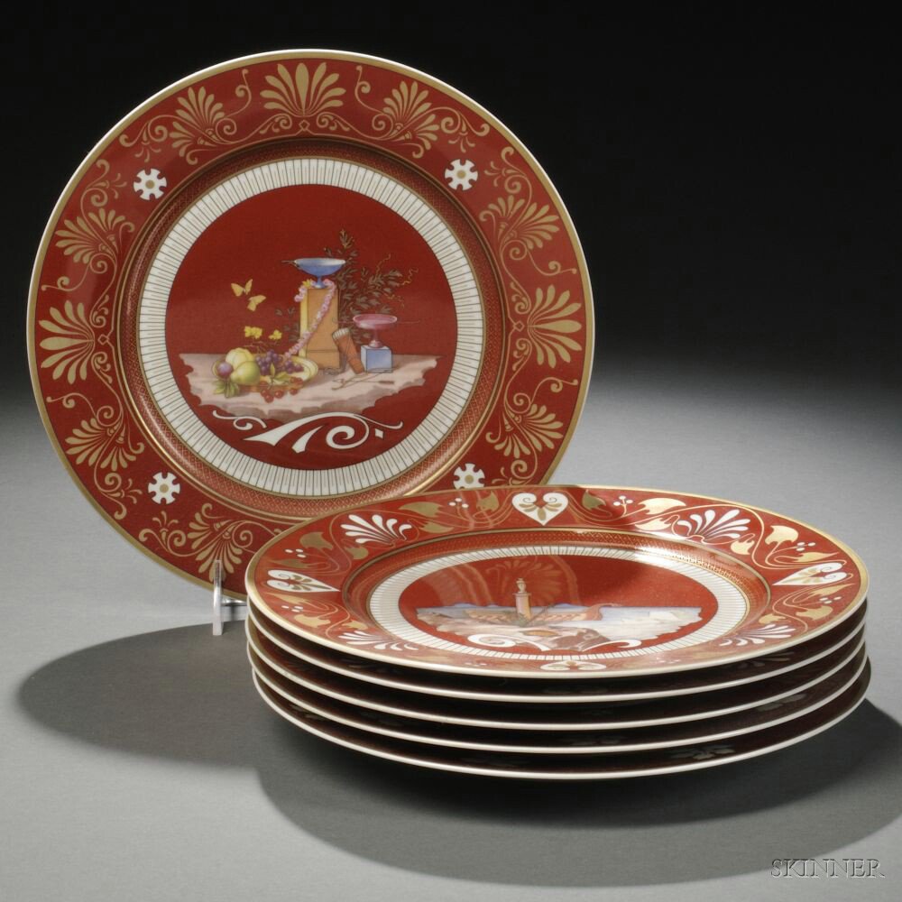 Appraisal: Six Ancienne Manufacture Royale de Limoges Pompeian-style Porcelain Plates France