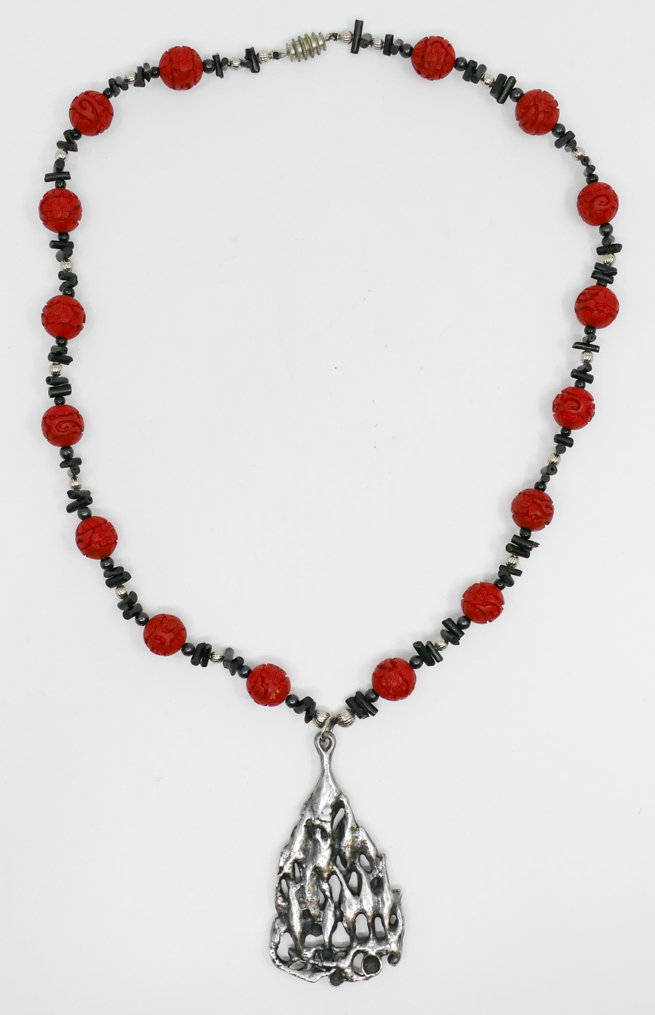 Appraisal: Modernist Sterling Pendant Necklace with Cinnabar Beads '' - ''