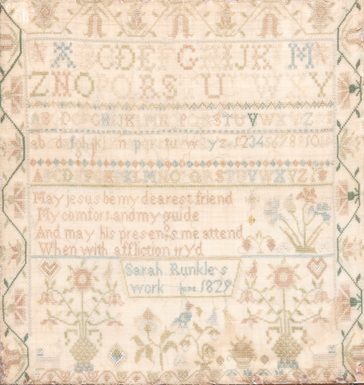 Appraisal: SAMPLER Probably American silk on linen Floral border including tulips