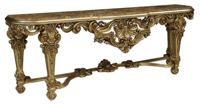 Appraisal: Italian giltwood console table th c inset marble top pierced