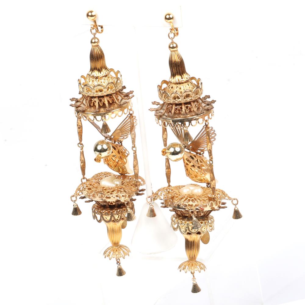 Appraisal: VINTAGE HUGE WHIMSICAL DESIGNER GOLD TONE FIGURAL FILIGREE EARRINGS WITH