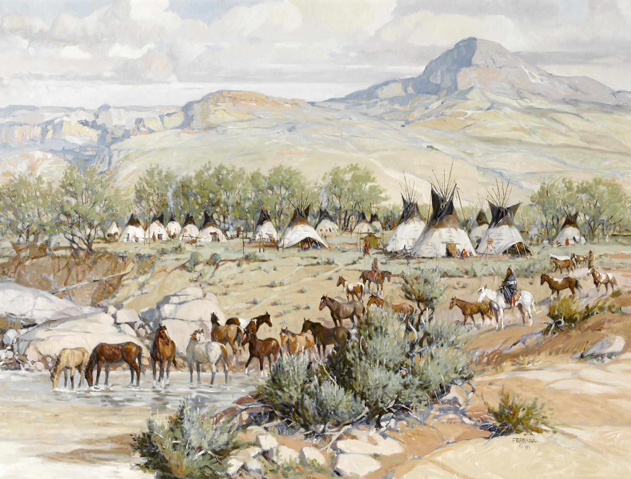 Appraisal: Joe Ferrara American - Sioux camp signed 'Ferrara ' lower