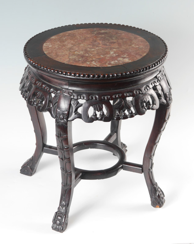 Appraisal: ORIENTAL CARVED JARDINIERE TABLE PLANT STAND Inset round marble top