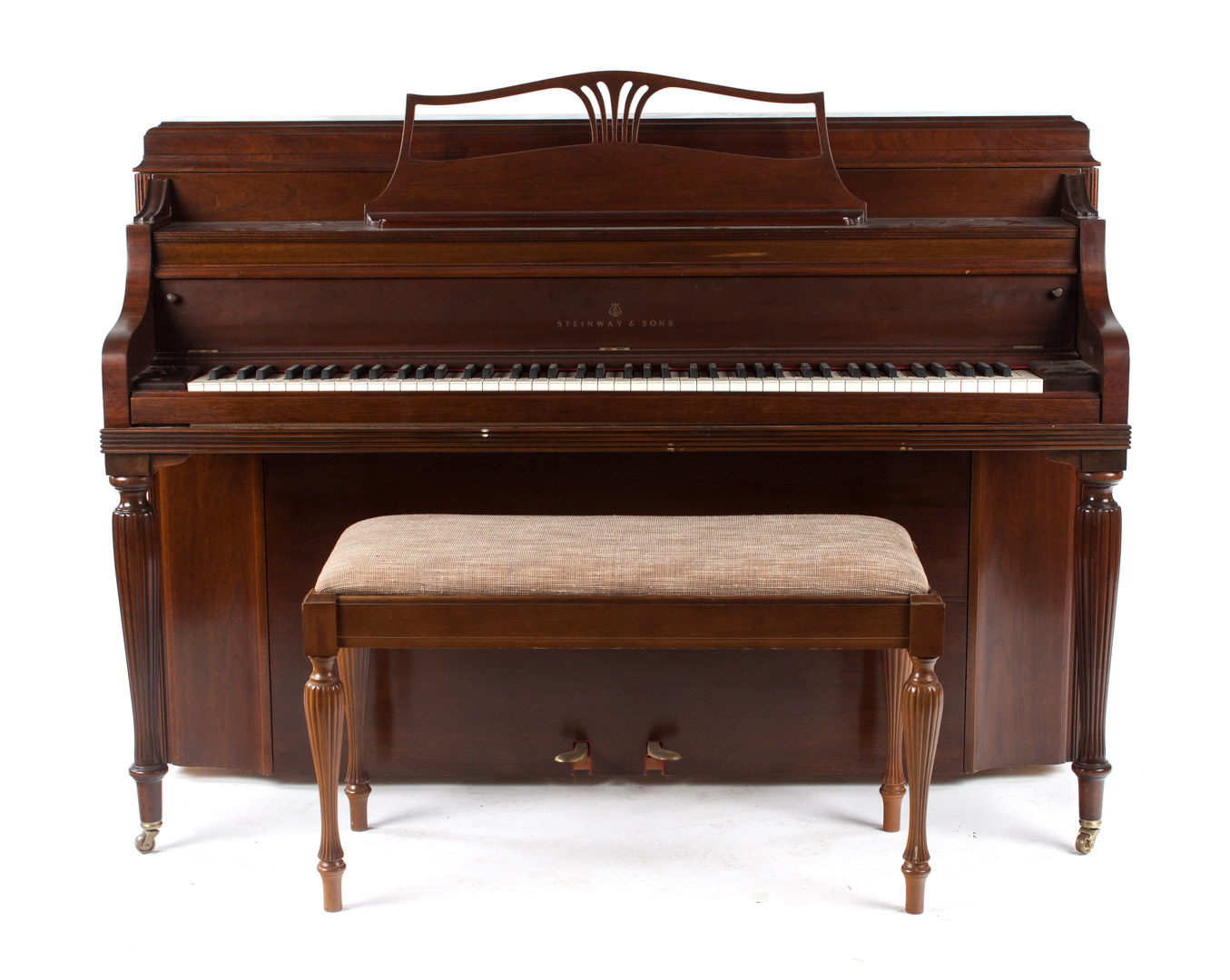 Appraisal: Steinway walnut console piano and bench circa - Steinway walnut