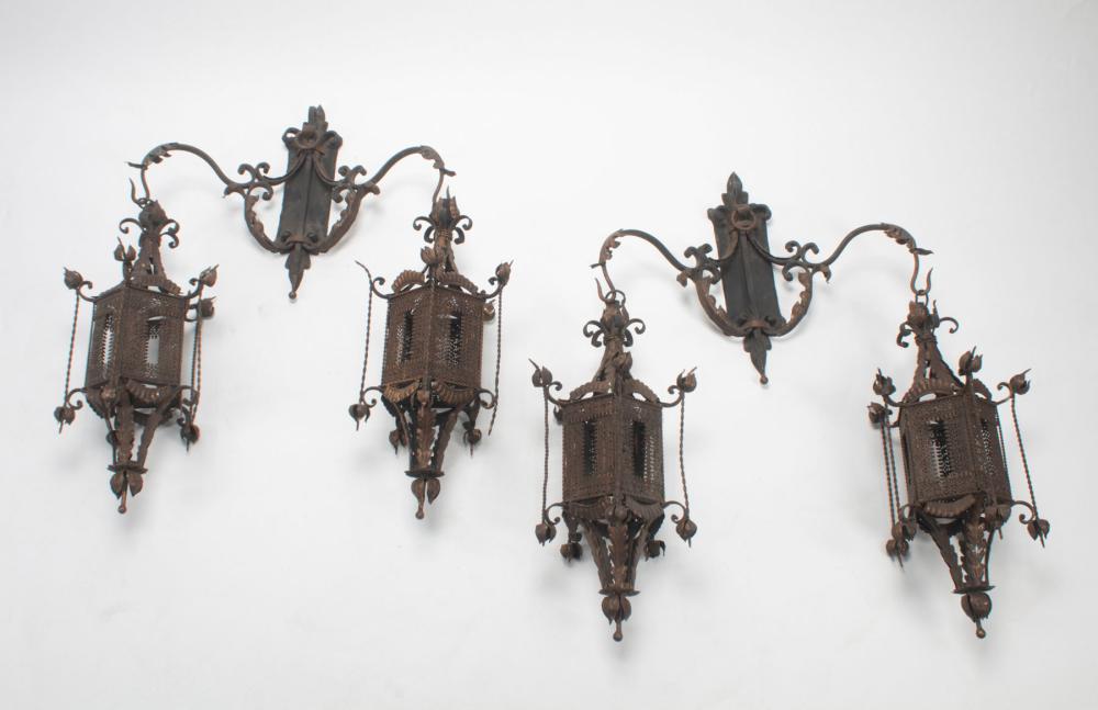 Appraisal: Pair of Spanish Renaissance-Style Wrought Iron and Tole Lanterns h