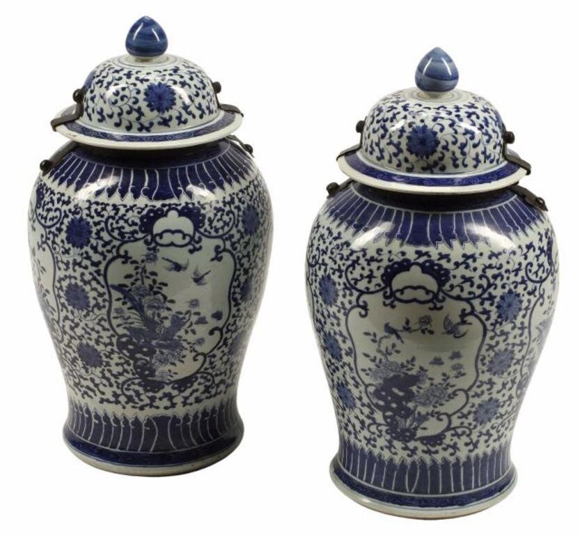 Appraisal: pair Chinese blue and white porcelain temple jars with iron