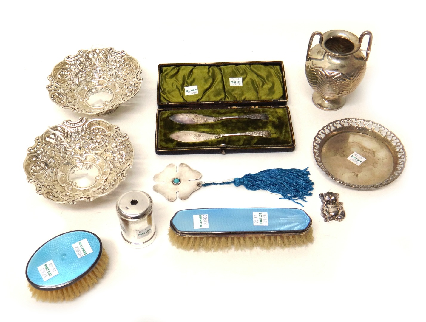 Appraisal: Two silver mounted and pale blue enamelled brushes a Greek