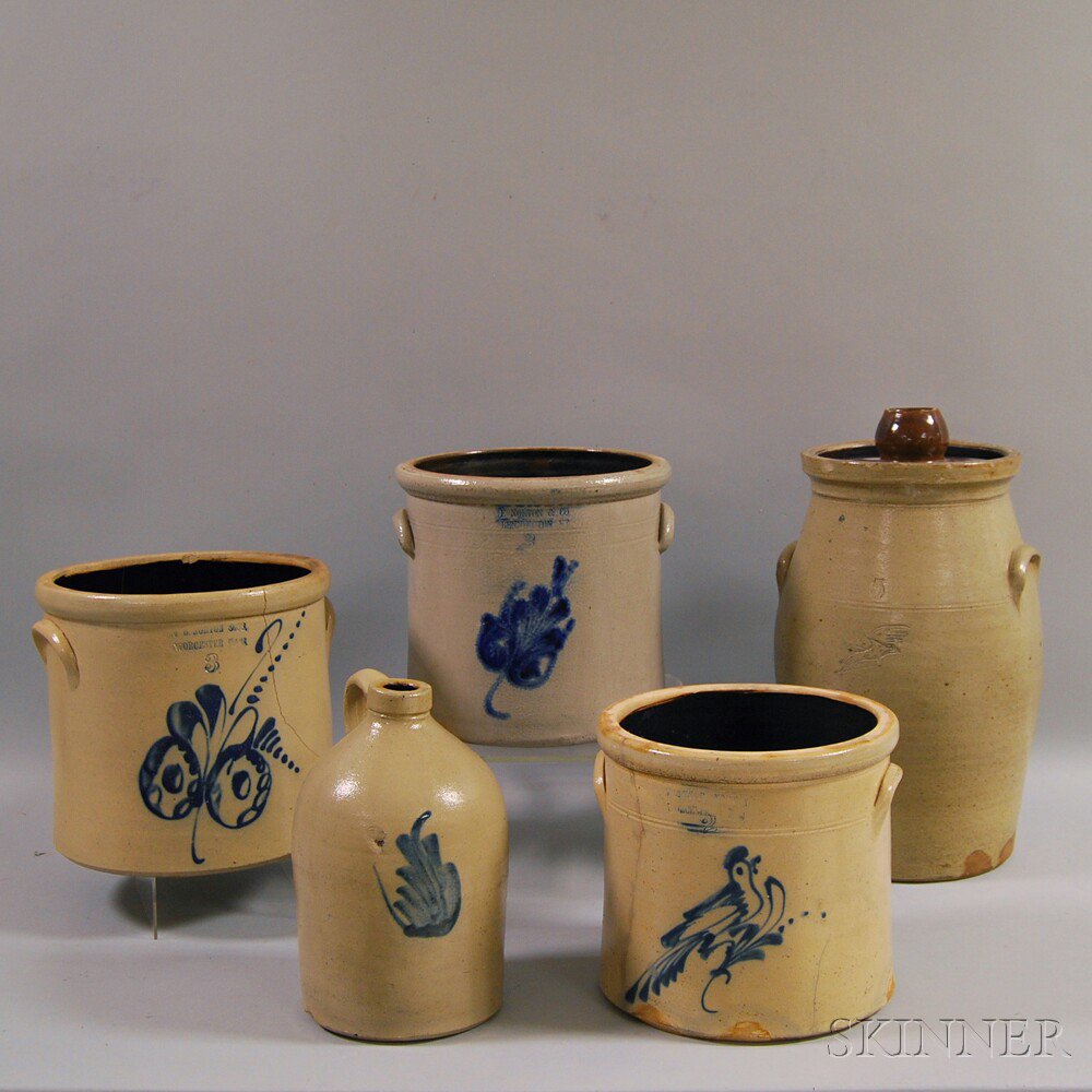 Appraisal: Five Cobalt-decorated Stoneware Vessels mid to late th century an