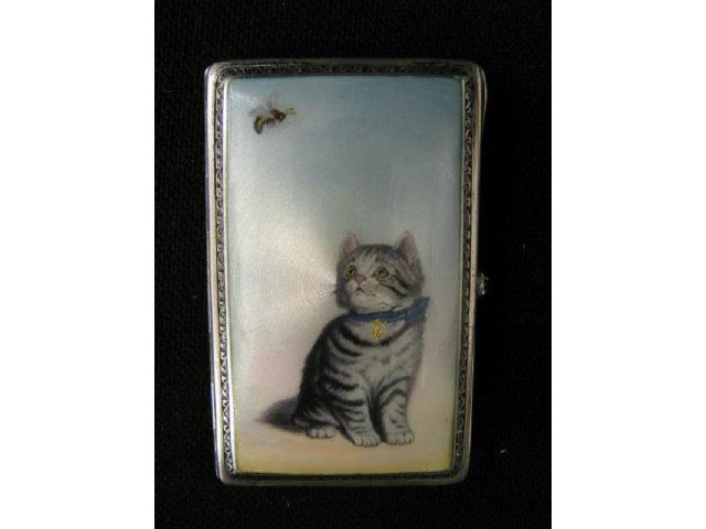 Appraisal: Enameled Sterling Silver Case with Kitten and butterfly marked sterling