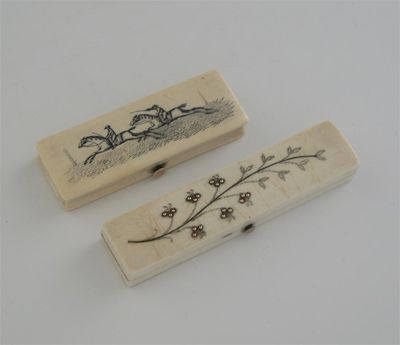 Appraisal: A gold mounted ivory toothpick box with engraved racehorses on