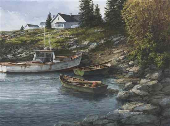 Appraisal: Ian Ramsay British b Boats Docked on a Lakefront watercolor