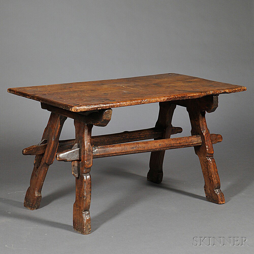 Appraisal: Continental Pine Trestle Table th century legs joined by two