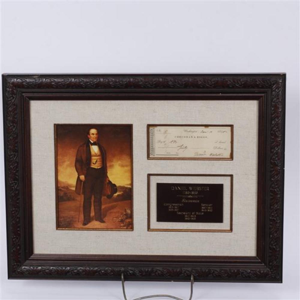 Appraisal: SIGNED CHECK BY DANIEL WEBSTER INCLUDES PORTRAIT AND PLAQUE MOUNTED