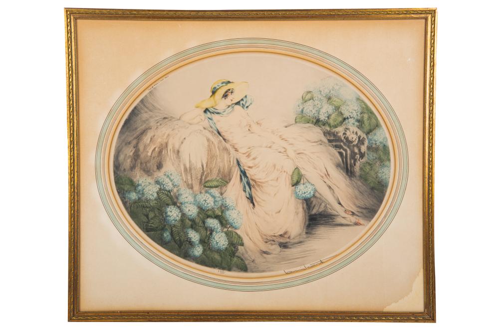 Appraisal: LOUIS ICART LADY WITH BLUE FLOWERS copyright signed and numbered