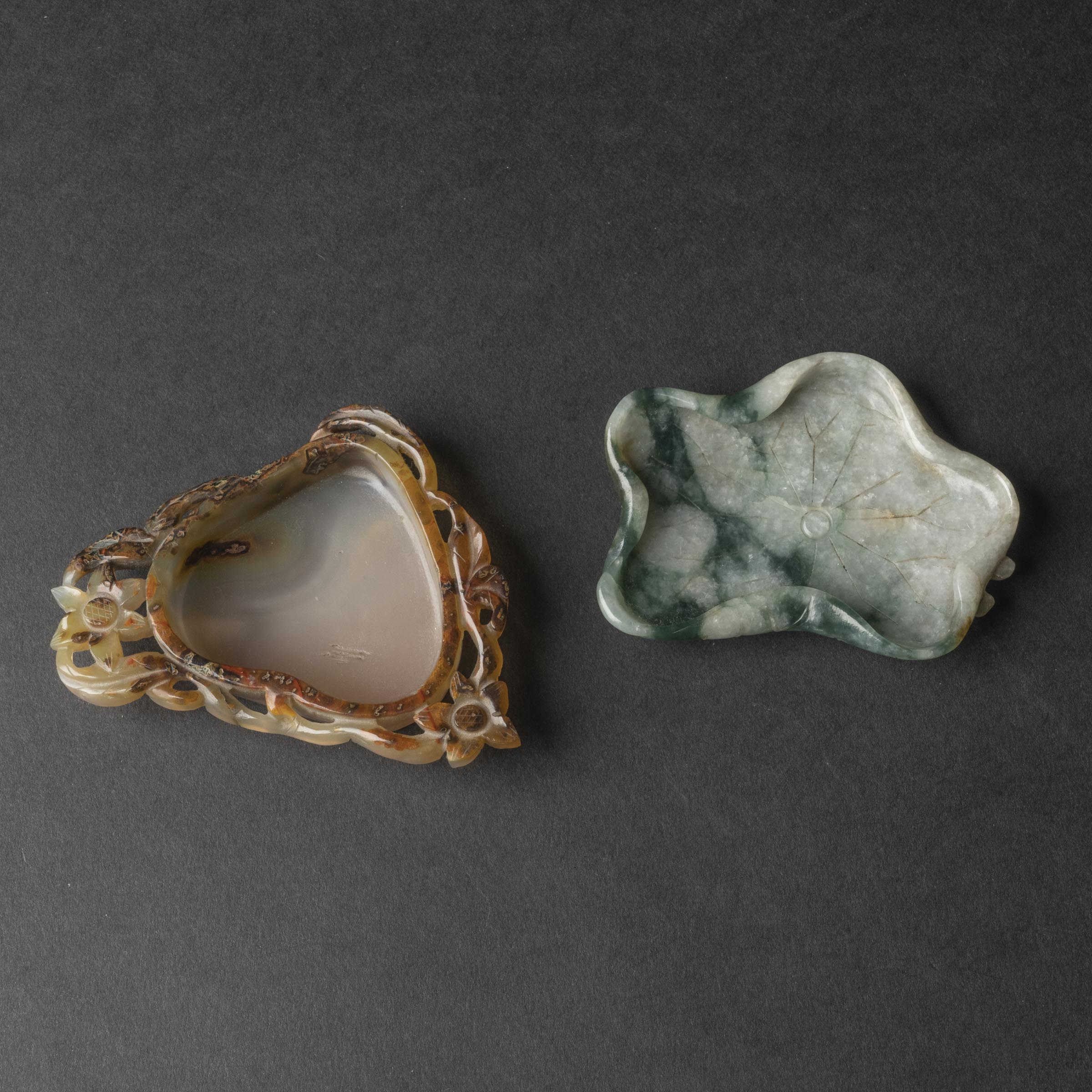 Appraisal: Two Jadeite and Agate Lotus-Form Washers th Century longest length