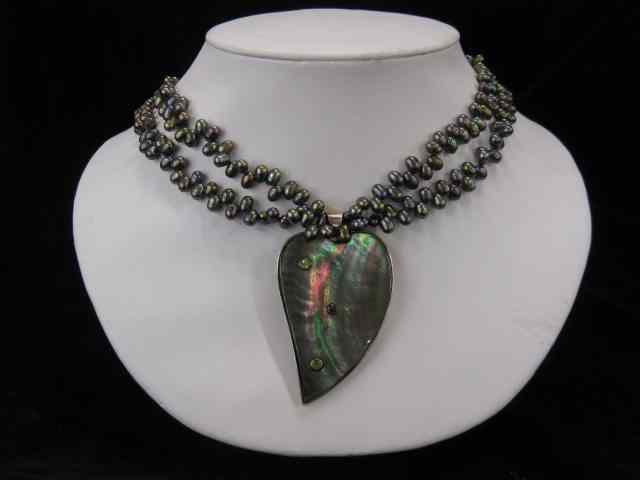 Appraisal: Pearl Necklace peacock colors with abalone pendant set with peridot