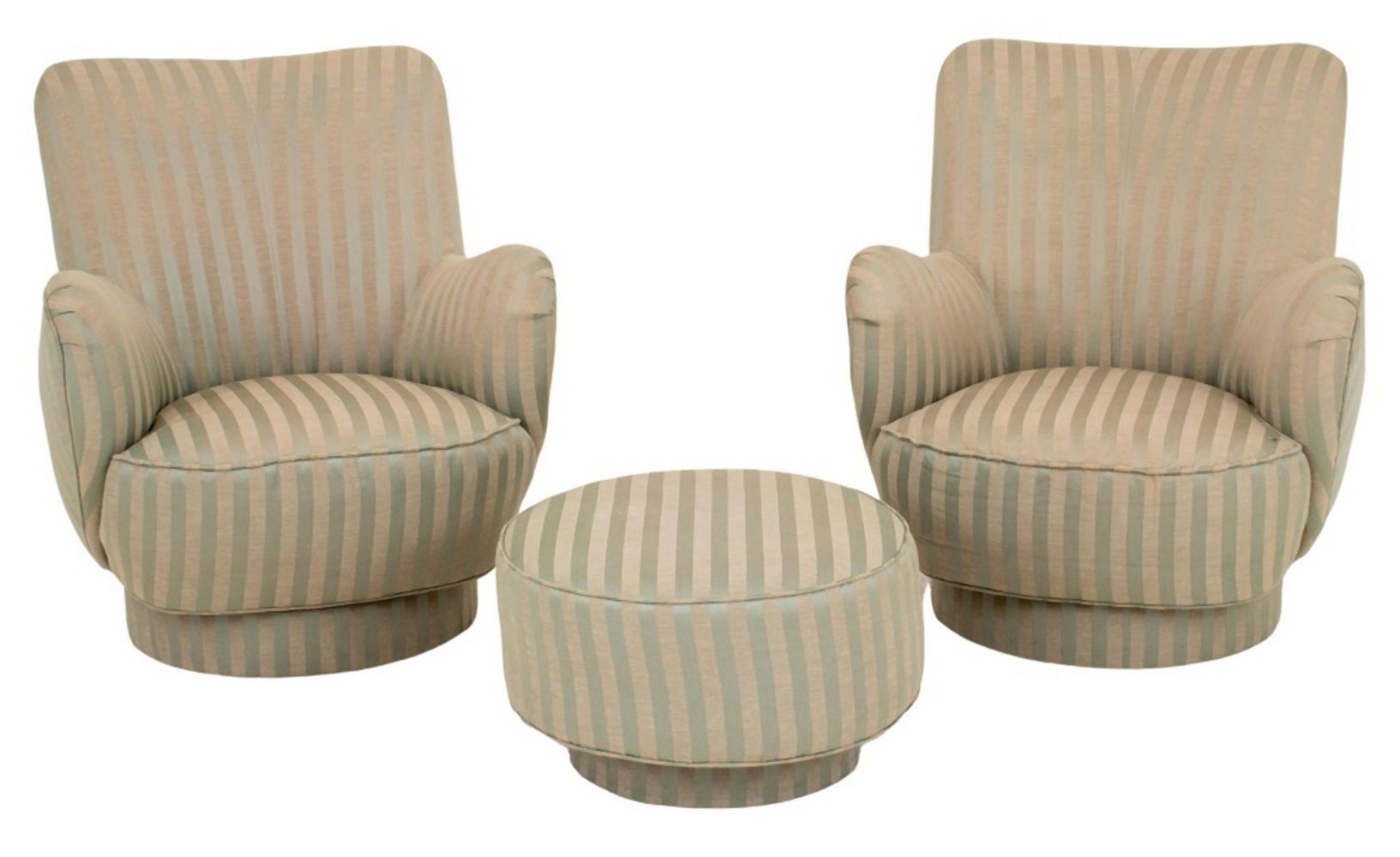 Appraisal: VLADIMIR KAGAN BARREL SWIVEL ARM CHAIRS POUF Vladimir Kagan American