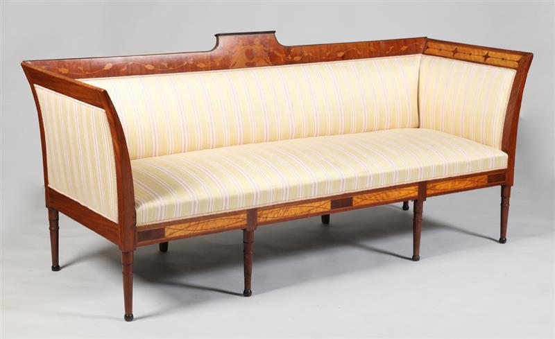 Appraisal: SWEDISH NEOCLASSICAL MAHOGANY AND FRUITWOOD MARQUETRY SETTEE The rectangular figural