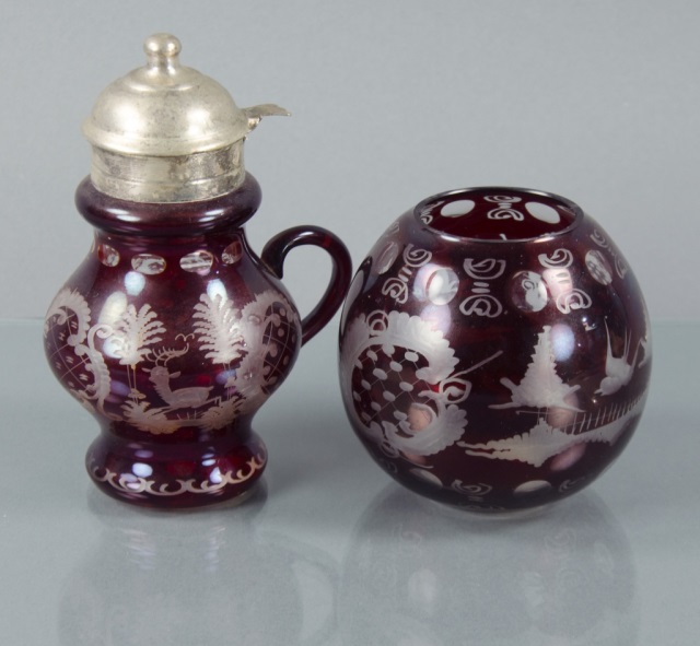 Appraisal: Bohemian Style Western Germany Syrup PitcherWith etched motifs including stag