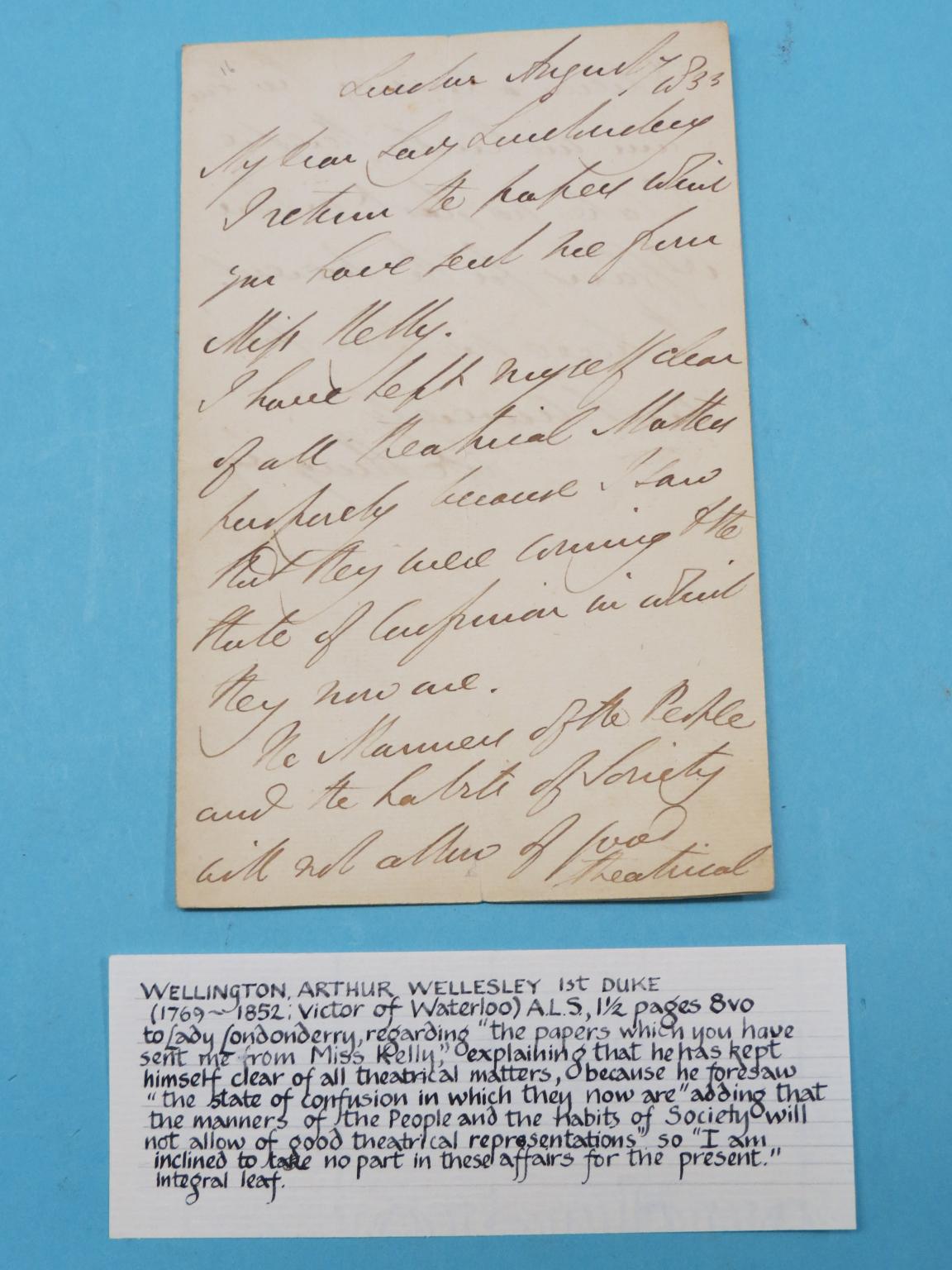 Appraisal: Arthur Wellesley st Duke of Wellington - - signed letter