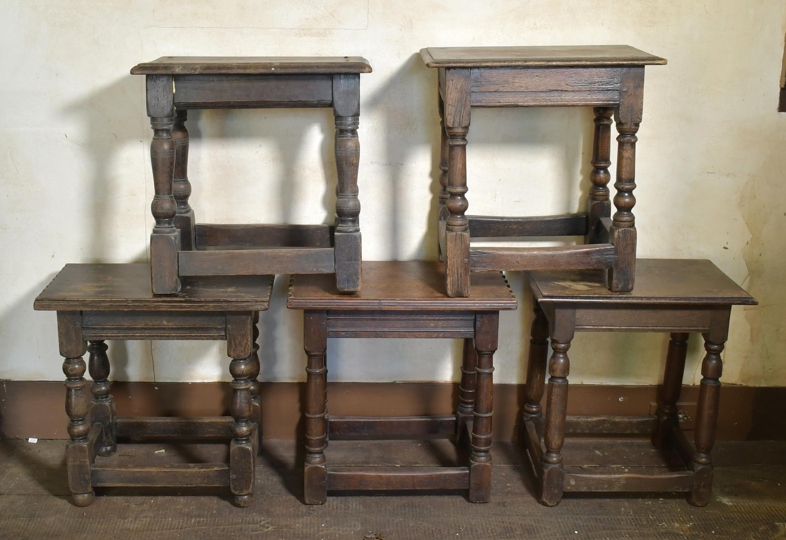 Appraisal: FIVE TH C OAK JOINT STOOLS Five well made English