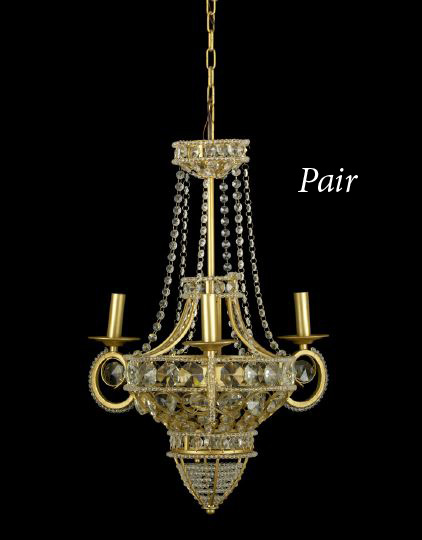 Appraisal: Pair of French Gilt-Brass and Cut Glass Three-Light Chandeliers first