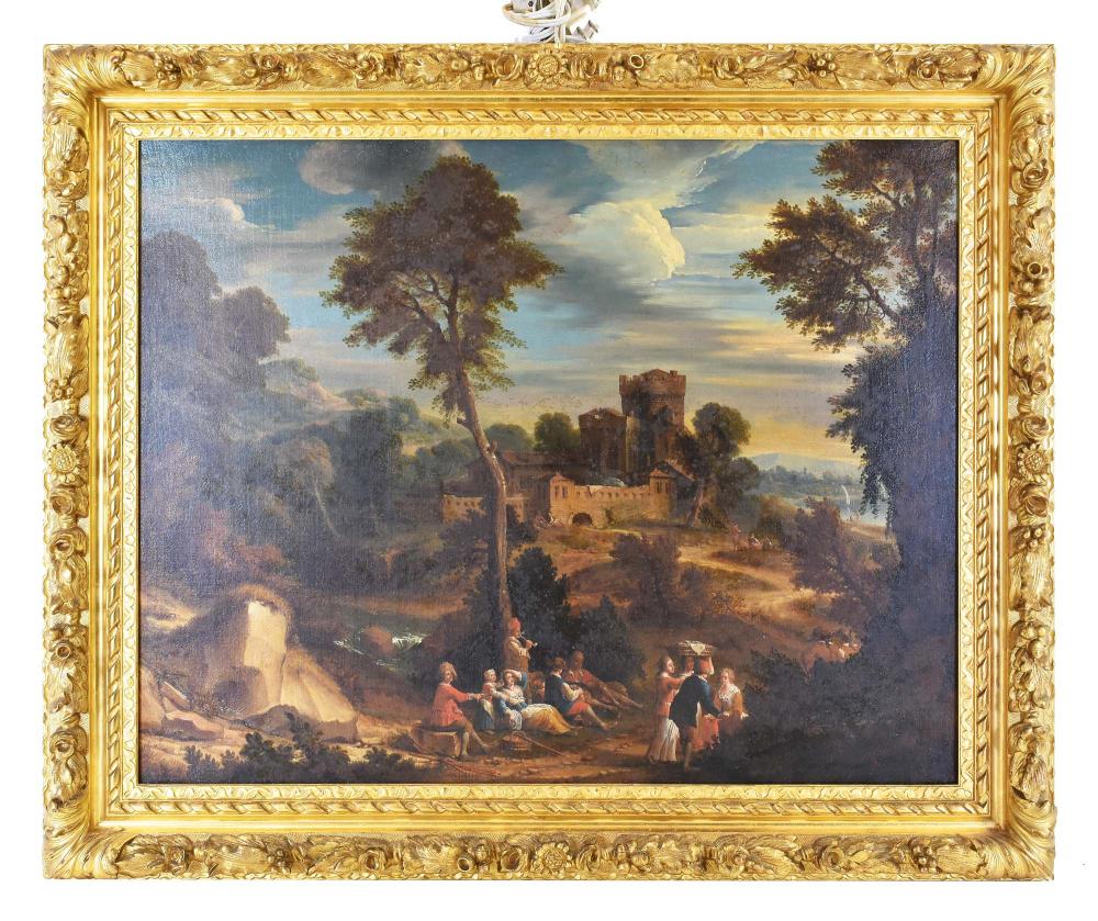 Appraisal: EUROPEAN SCHOOL TH CENTURY PAINTINGFigures in a Romantic Landscape with