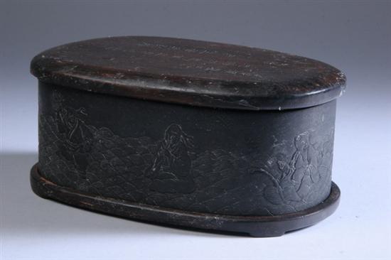 Appraisal: CHINESE INKSTONE Embellished with carved deities on ocean lid with