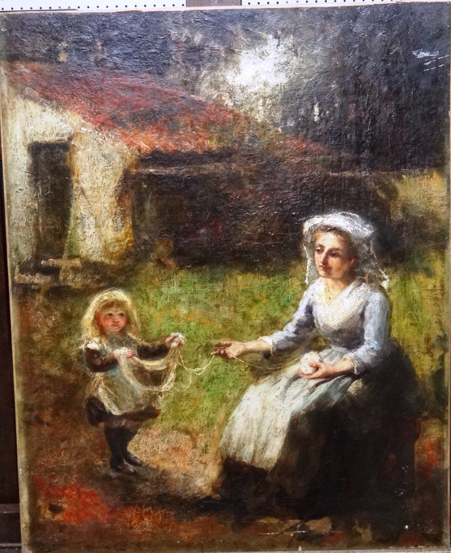 Appraisal: Circle of Edward Atkinson Hornel Mother and daughter winding yarn