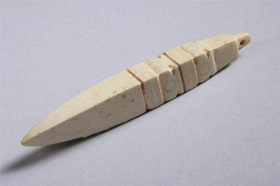 Appraisal: CHINESE CALCIFIED JADE HAIR HOLDER Neolithic period Carved with geometric