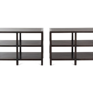 Appraisal: A Pair of Contemporary Stained Oak Three-Tier Console Tables Height