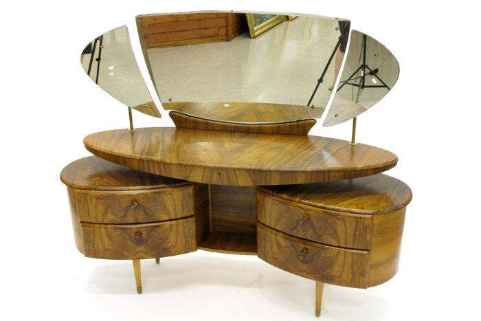 Appraisal: ENGLISH MID-CENTURY MODERN VANITY of burl walnut veneer with three